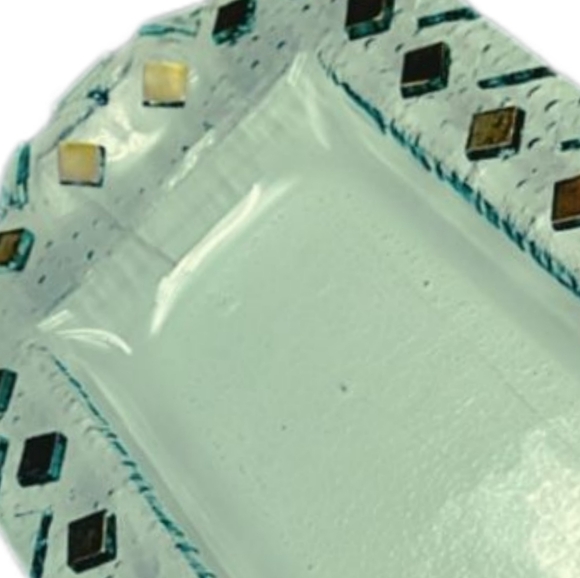 👣4/$20.  Fused Glass Tray Pebble Texture Glass with Gold Tone Square Accents - Picture 3 of 7